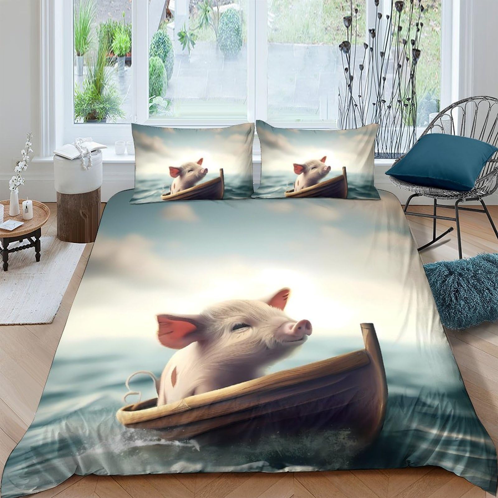 GPLZQXKJNH 3D Printed Cute Pig Boat Duvet Cover Microfiber Soft Breathable Dreamy Lake Bedding Set with 2 Pillowcases for Bedroom Decor Single（135x200cm）