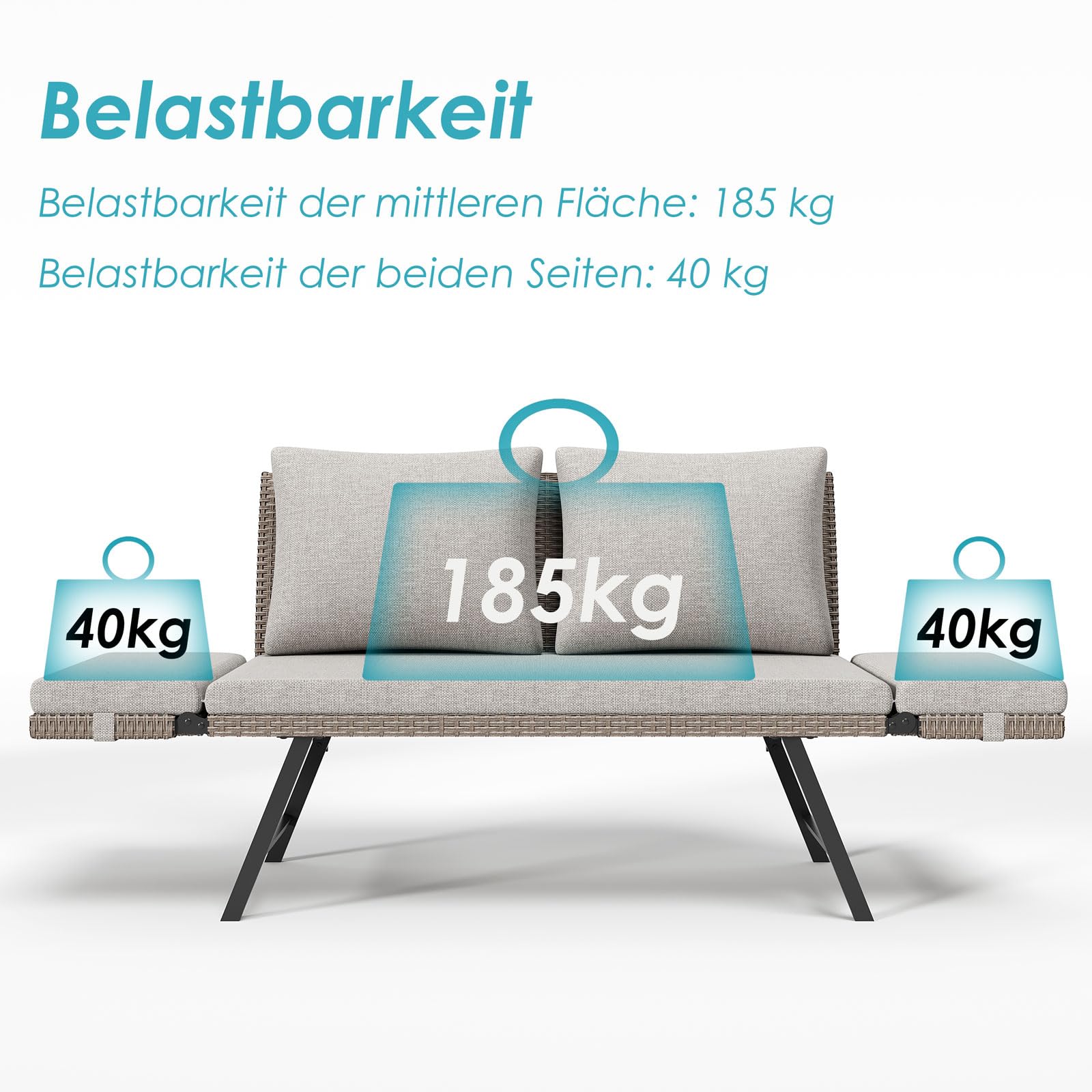 Balkonbank mit Liegefunktion,Liege Bank rattan 4-in-1 Gartenbank mit klappbaren Armlehnen,176cm Balkonsofa mit Kissen,abnehmbaren Sitzpolstern, Outdoor Lounge Sofa für Garten,Terrasse Balkon (Hell)