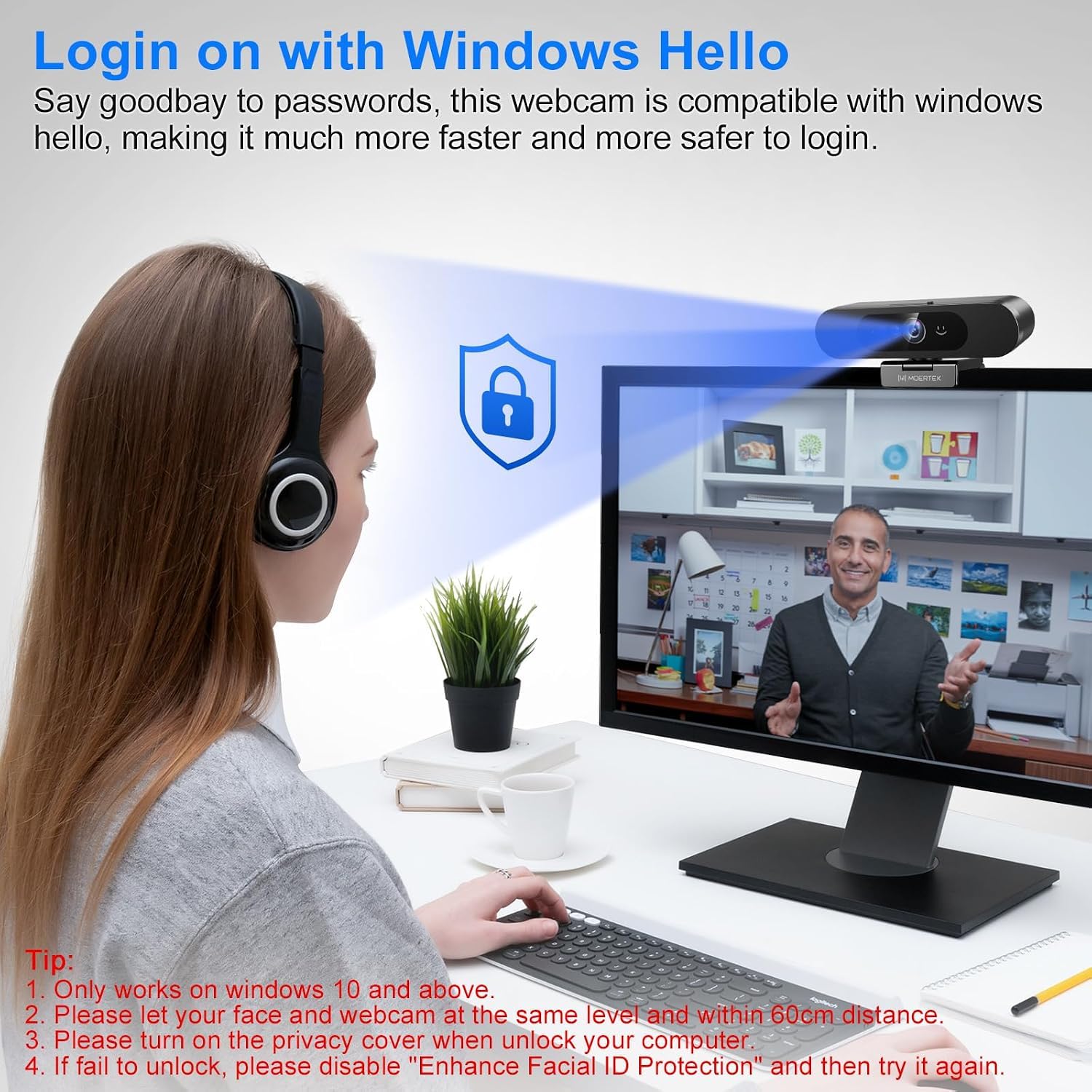 Cámara web HD 2K con reconocimiento facial Windows Hello, cámara de computadora con micrófono, cubierta de privacidad, cámara web para portátil para videoconferencias, en vivo, transmisión