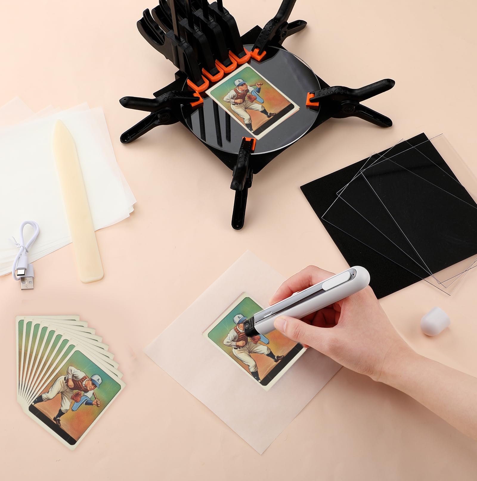 Grinsvalley Kit per la pulizia delle carte commerciali con 1 scatola idratante, 2 fogli acrilici, 8 morsetti in plastica, 5 tamponi, 1 cartella per ossa, 1 penna termica, 10 fogli di plastica, 25
