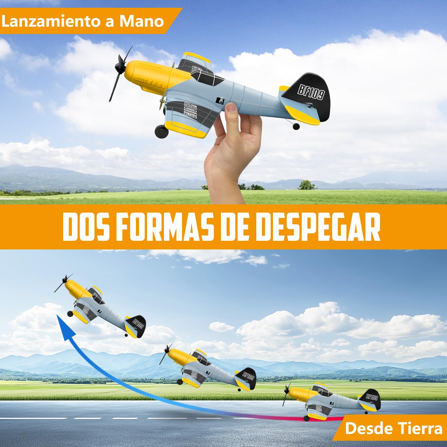 HAWK'S WORK 3 Canales RC Avión BF-109, Avión Teledirigido Listo para Volar, 2.4GHz Estabilizador Giroscópico de 6 Ejes, Fácil de Volar para Niños y Principiantes