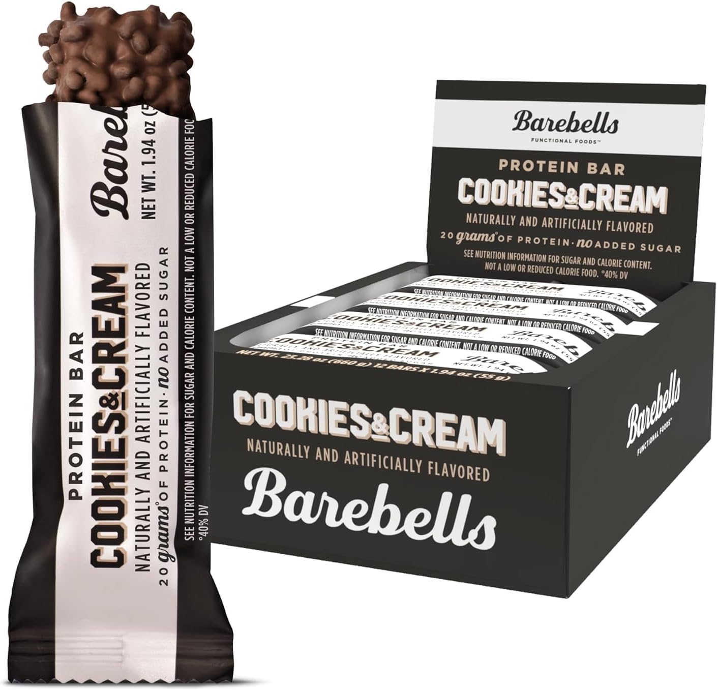 Barebells Protein Bars Cookies & Cream - 12 Count, 20g High Protein Treats - Chocolate Nutrition Bar with 1g Total Sugars - On-The-Go Breakfast or Post-Workout Snack
