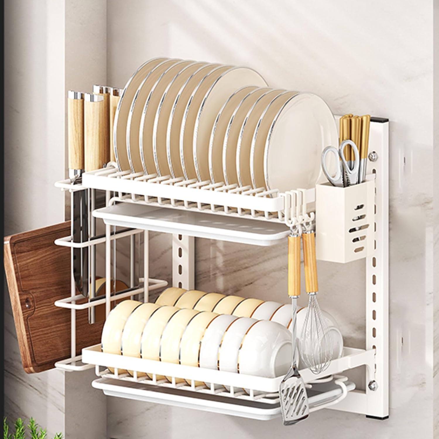Wall Mounted Dish Drying Rack,Large Dish Drainer Drying Rack for Kitchen Counter,Multi-Level Kitchen Organizer with Drainboard Double-Layer Model(White,2 Tier 38cm)