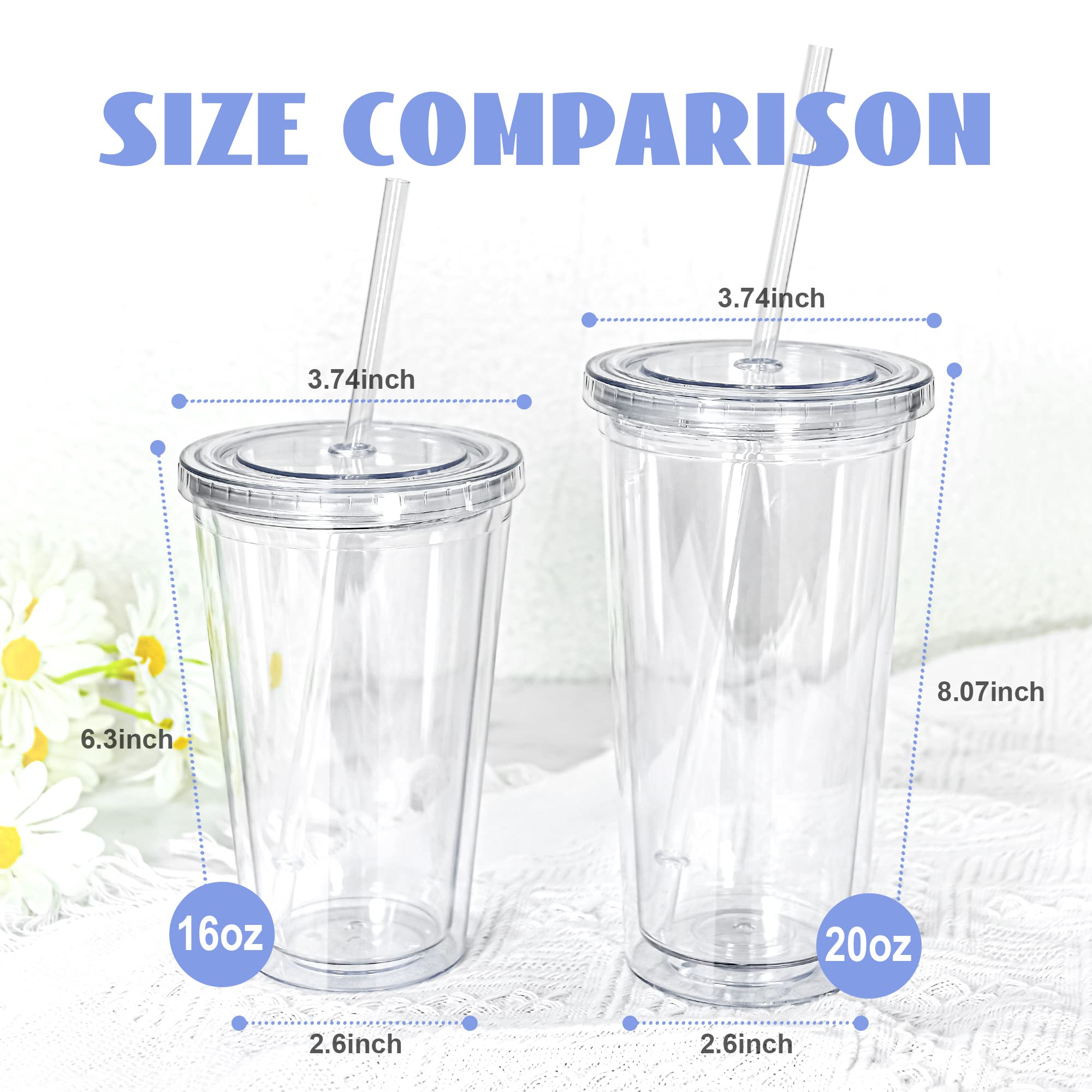 sweet grain Juego de 25 vasos acrílicos con tapa y popote, de 16 onzas, con aislamiento de plástico de doble pared, vaso grande reutilizable para café helado con purpurina