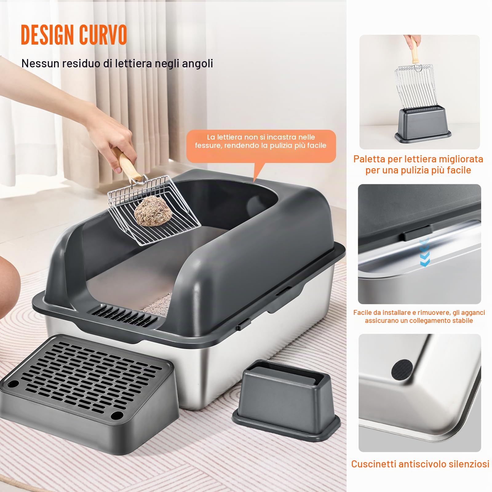 VEVOR Lettiera XL in Acciaio Inox per Gatti con Paletta, Profondità 152,4 mm, Ampia Pedana Filtrante, Lati Alti, Inodore, Grigio Scuro
