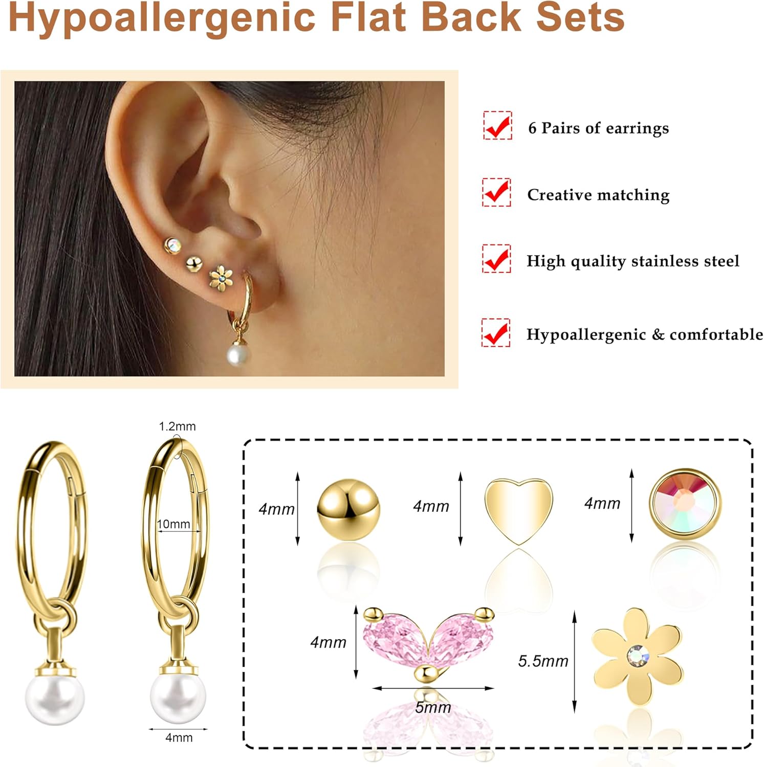 AOEDEJ Flat Back Earrings - Stainless Steel Stud & Cartilage Earring Set for Women & Men - Hypoallergenic, Small Hoops - Image 2