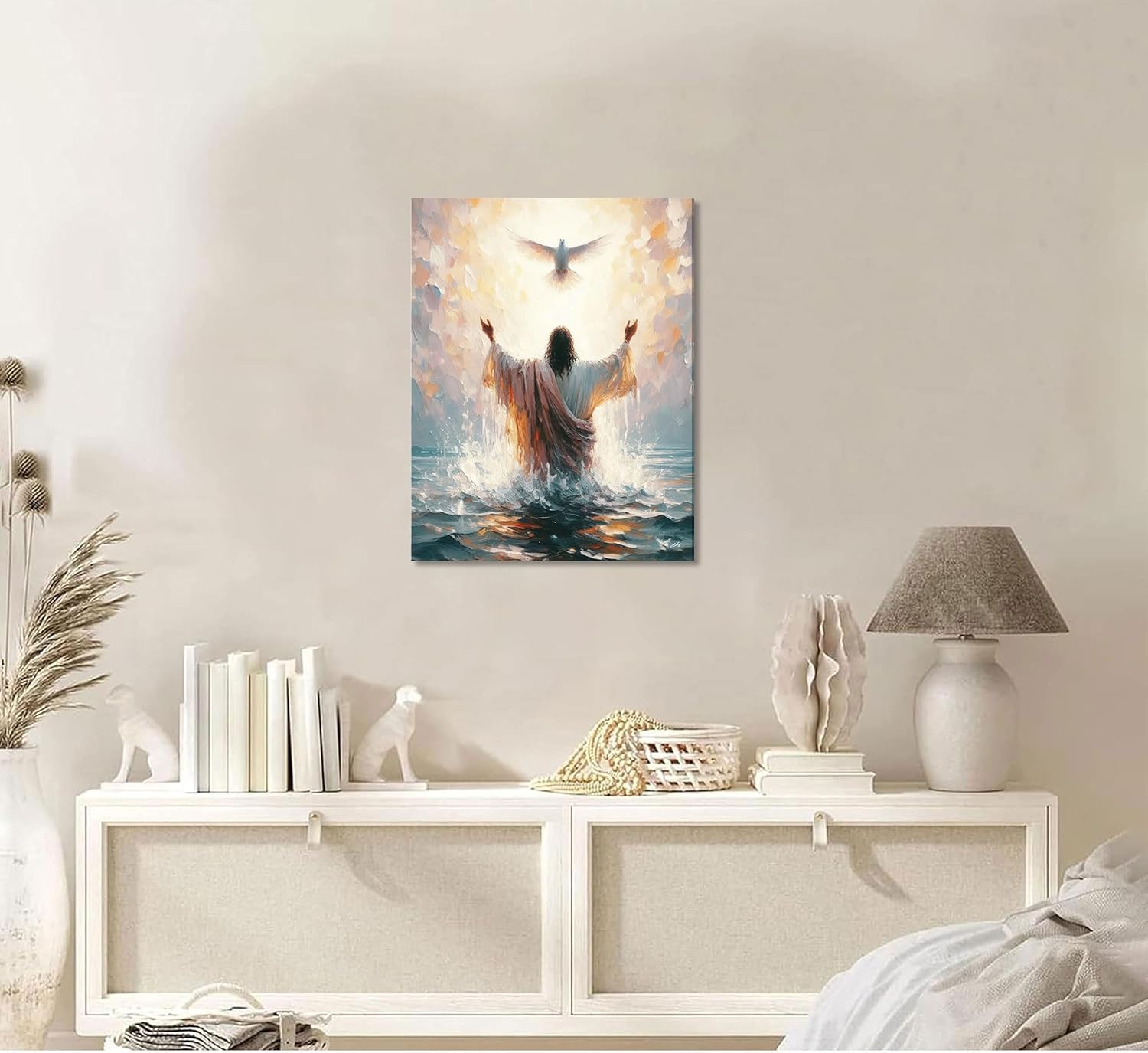 Jesus Baptism Canvas Wall Art Jesus And The Dove Picture Wall Decor Holy Spirit Christian Faith Poster Print Painting For Living Room Bedroom Church Decoration Ready To Hang