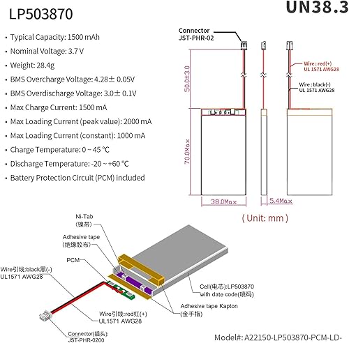 Miniatura 2 de EEMB 3.7V Lipo Batería 1500mAh 503870 Batería de iones de polímero de litio Batería recargable de polímero de iones de litio con conector JST