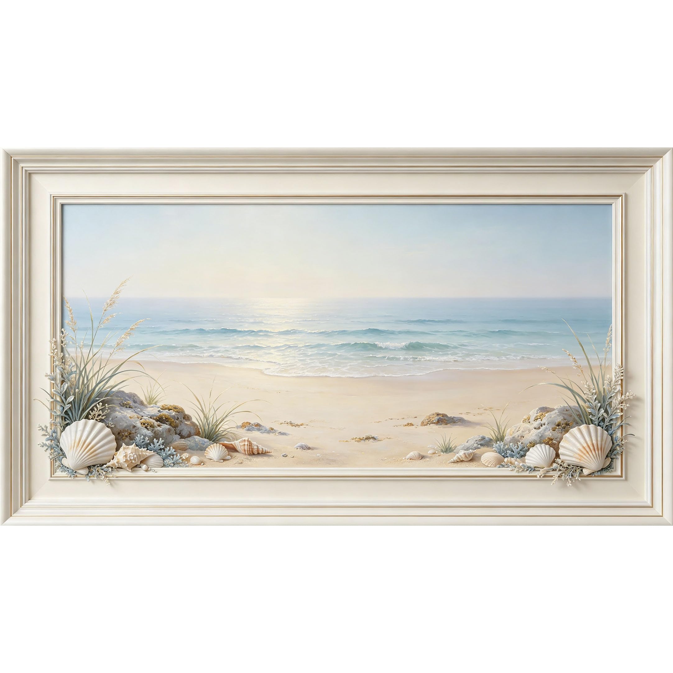 QZLITHOTIC 50x90cm3D Framed Wall Art， Coastal Seashell Beach Shore Ocean Waves Self‑Adhesive Mural， Water‑Activated Peel & Stick Fabric Decor Wall Decal for Bedroom Living Room