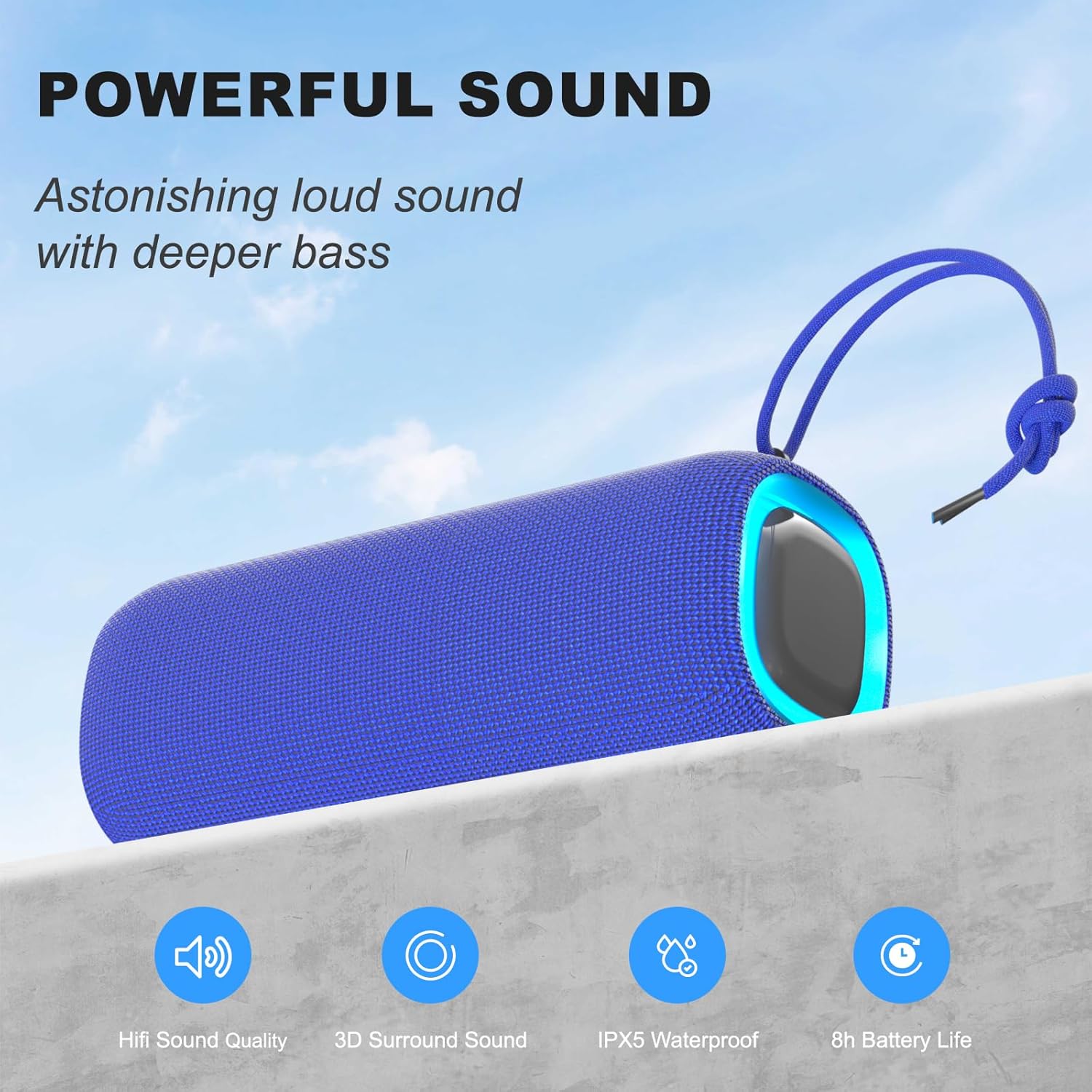 Bluetooth Speaker, Portable Wireless Clear Loud Stereo Sound IPX5 Waterproof with RGB Lights BT5.3 Long Playtime TWS Pairing,for Home Party Outdoor Beach,Great Gift Choice (Blue) - Image 4