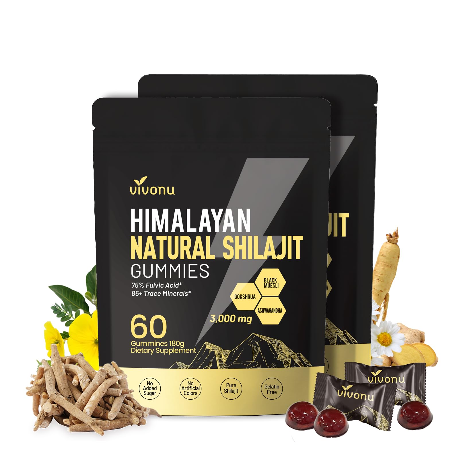 Himalayan Shilajit Gummies with Ashwagandha & Gokshura | 85+ & Fulvic Acid | Organic, Non-GMO for Men & Women | 100% Pure & Natural