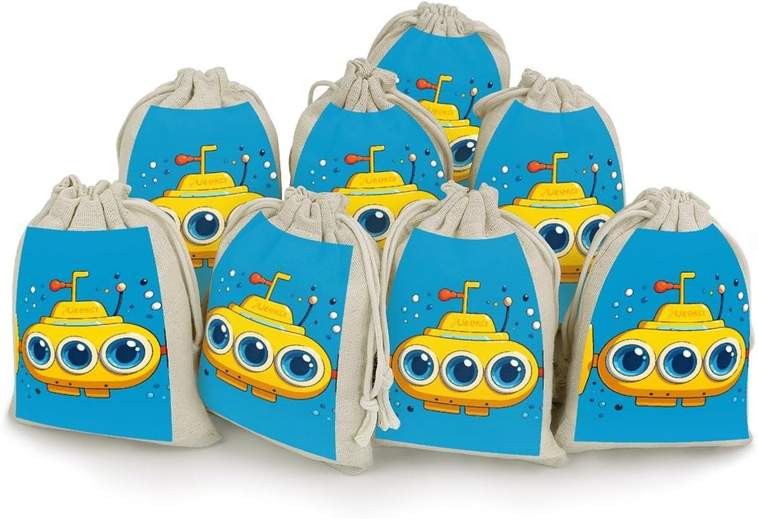 GFLFMXZW 8 Pack Cotton Burlap Drawstring Bags Reusable Bunches Pocket Yellow Submarine Drawstring Pouches Linen Wedding Gift Bag for Favors Party Jewelry Pouches, Christmas 4.9x6.7 Inches
