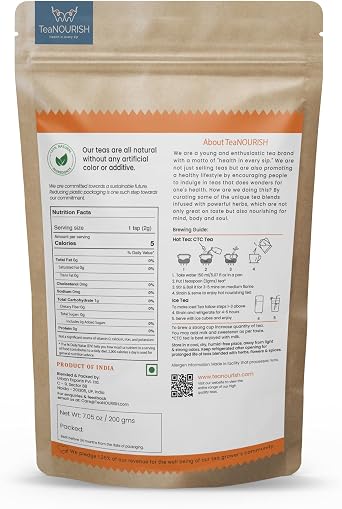 TeaNOURISH Nourishing Indian Classic Chai Tea | Full Bodied Assam CTC Blended with 15% Black Tea Leaves| Freshly Sourced Direct from Origin | 100% NATURAL - 7.05oz/200g