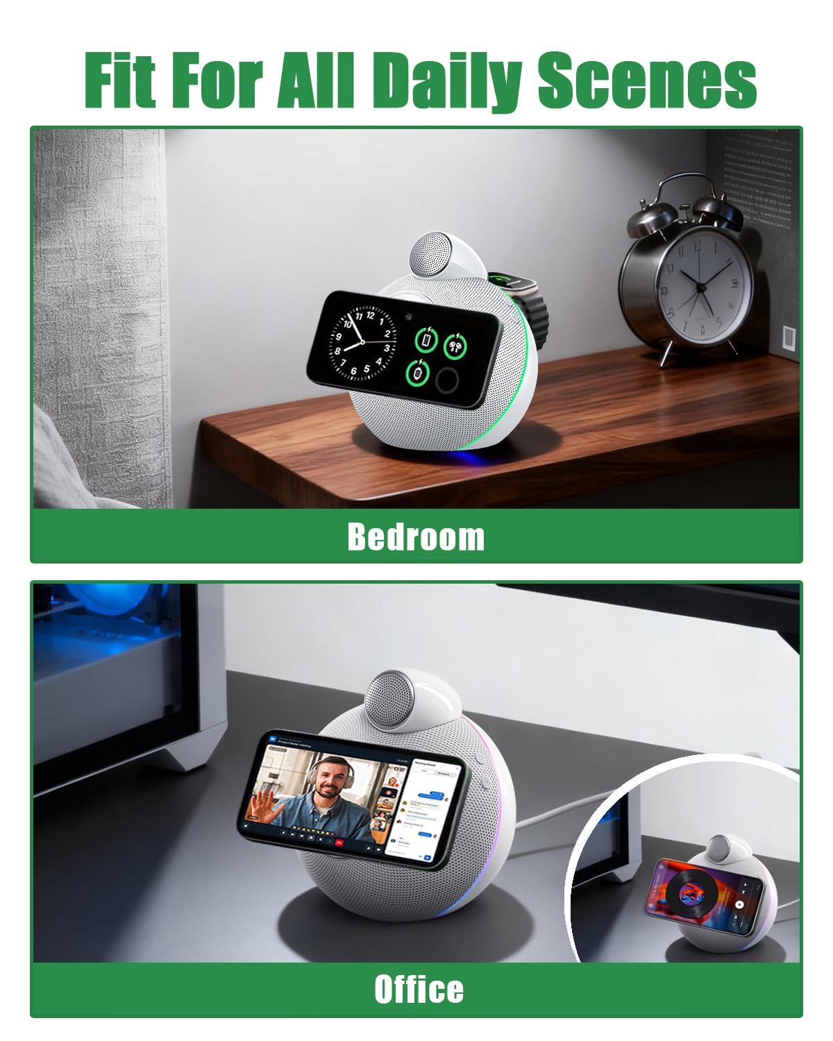 Caricabatterie e supporto 4 in 1, certificato Qi2, 25 W, magnetico, wireless, con altoparlanti Bluetooth Hi-Fi e luci ambientali morbide, compatibile con iPhone 17/16/15, Apple Watch (bianco)