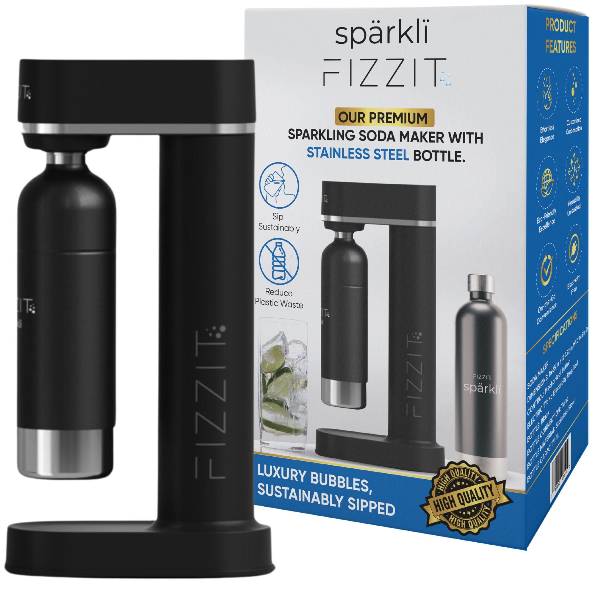 Máquina para hacer agua con gas y refrescos de acero inoxidable negro con 3 botellas de acero inoxidable negras de 1 litro reutilizables