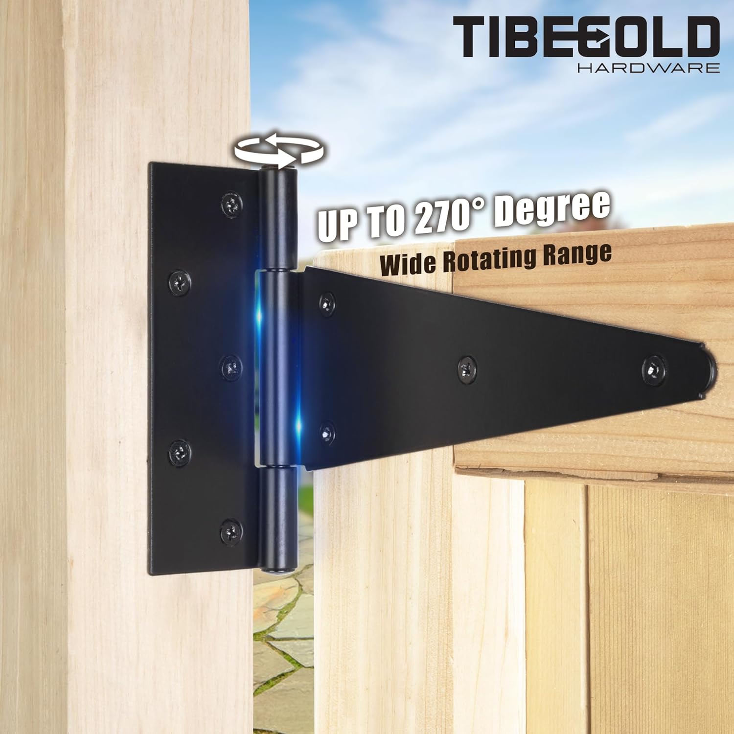 4 Inch T-Strap Gate Hinges, Heavy Duty Shed Door Hinges, Black Tee Hinges for Wooden Fences, Yard Gates, Rustproof Wrought Iron Hardware, 6 Pack