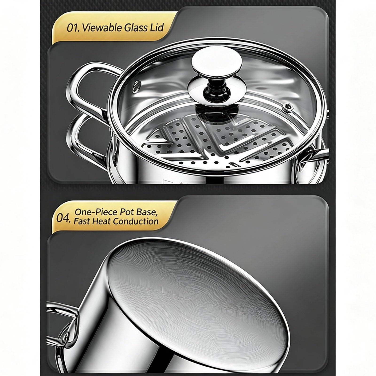 2-stöckiger Dampfgartopf aus Edelstahl mit Glasdeckel | Großer Suppentopf, kompatibel mit Induktion und Gas, for Kochen mit der Familie(22cm)