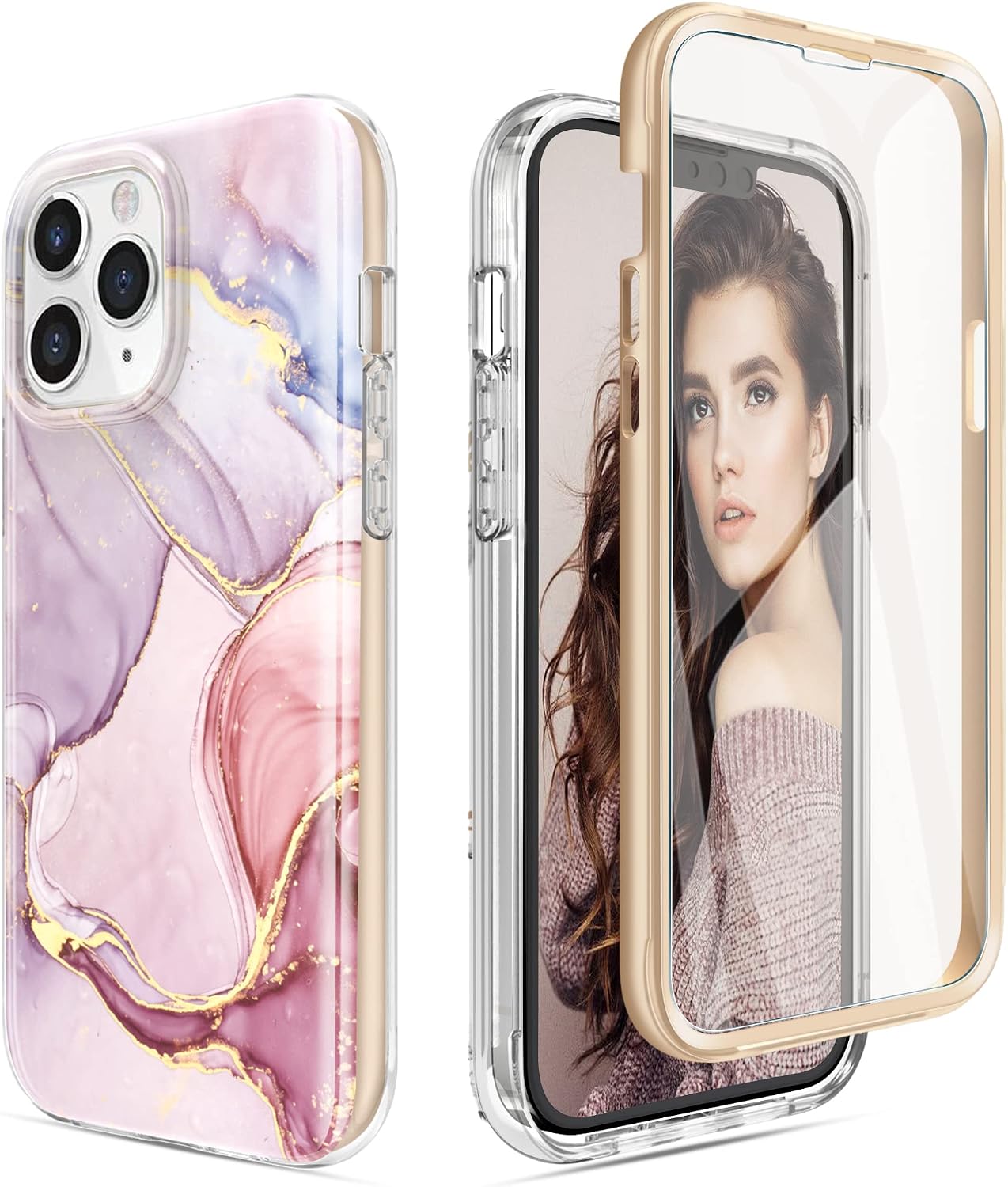 PULEN for iPhone 13 Pro Case with Built-in 9H Tempered Glass Screen Protector,Military Grade Full-Body Shockproof Protection,Fashion Case for Women Girls,Exquisite Glossy Rugged Cover - Pink