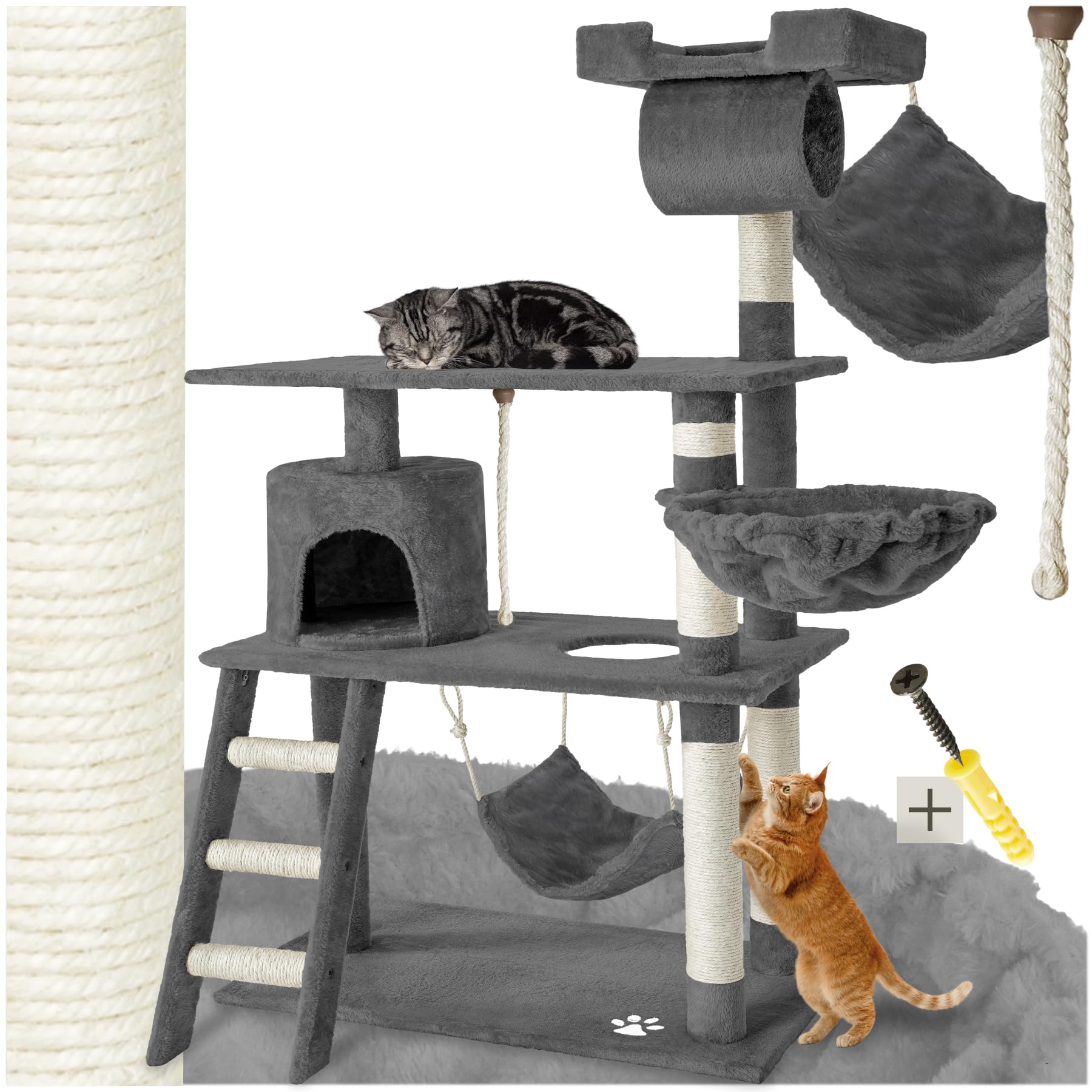 tectake® Tiragraffi per Gatti, Multifunzionale, Tiragraffi Gatto con Amaca, Albero per Gatti con Piattaforme Elevate e Colonne in Sisal, Albero Gatti Ideale per Gioco e Relax - Grigio