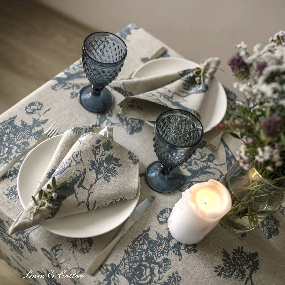 LINEN & COTTON Tovaglia da Tavola Shabby Chic Flores Motivo Floreale -100% Lino, Beige Blu (140 x 300 cm) Tovaglia di Stoffa Rettangolare Grande Lunga 3 Metri per Cucina Tavolo da Pranzo Soggiorno