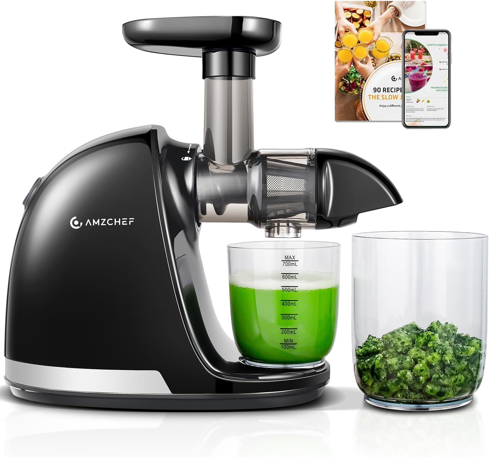 AMZCHEF Slow Cold Press Masticating Juicer Machine With Reverse Function, High Juice Yield, Easy Clean With Brush, Recipes For High Nutrient Fruits And Vegetables (Black, 150 Watts)