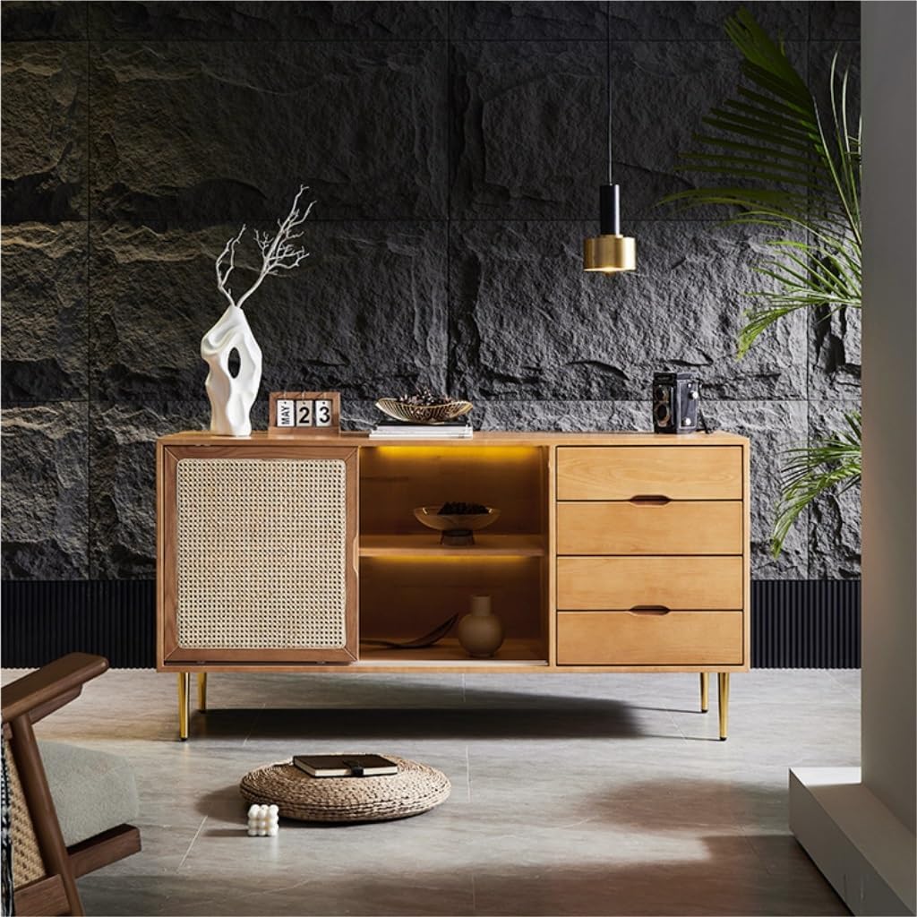 Buffet Cabinet Solid Wood Sideboard, Chinese Rattan Storage Cabinet, Buffet With, Suitable for Study, Dining Room, Bedroom Buffet Cabinet with Storage