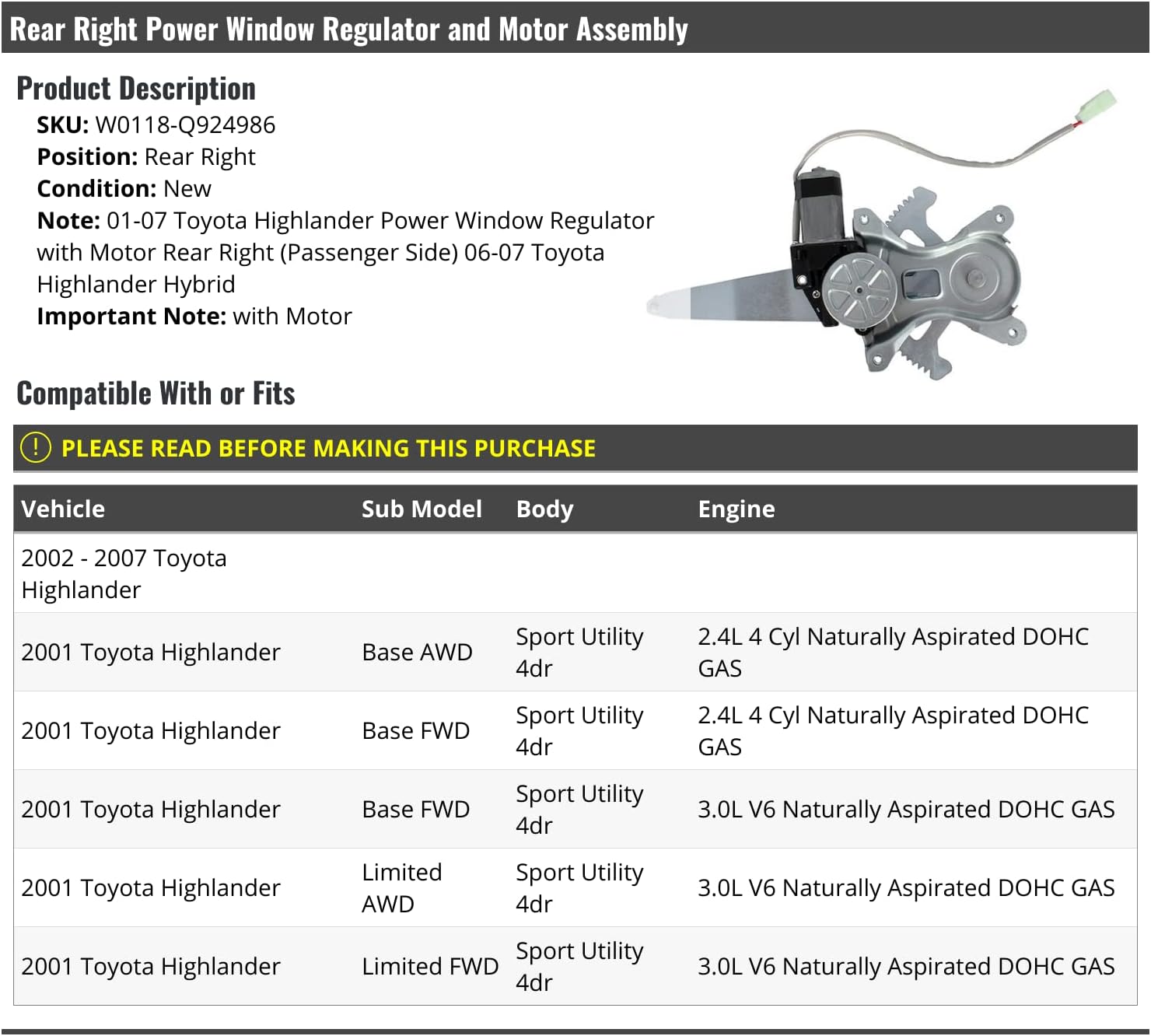 Rear Right Passenger Side Power Window Regulator and Motor Assembly - Compatible with 2001-2007 Toyota Highlander Sport Utility 4-Door
