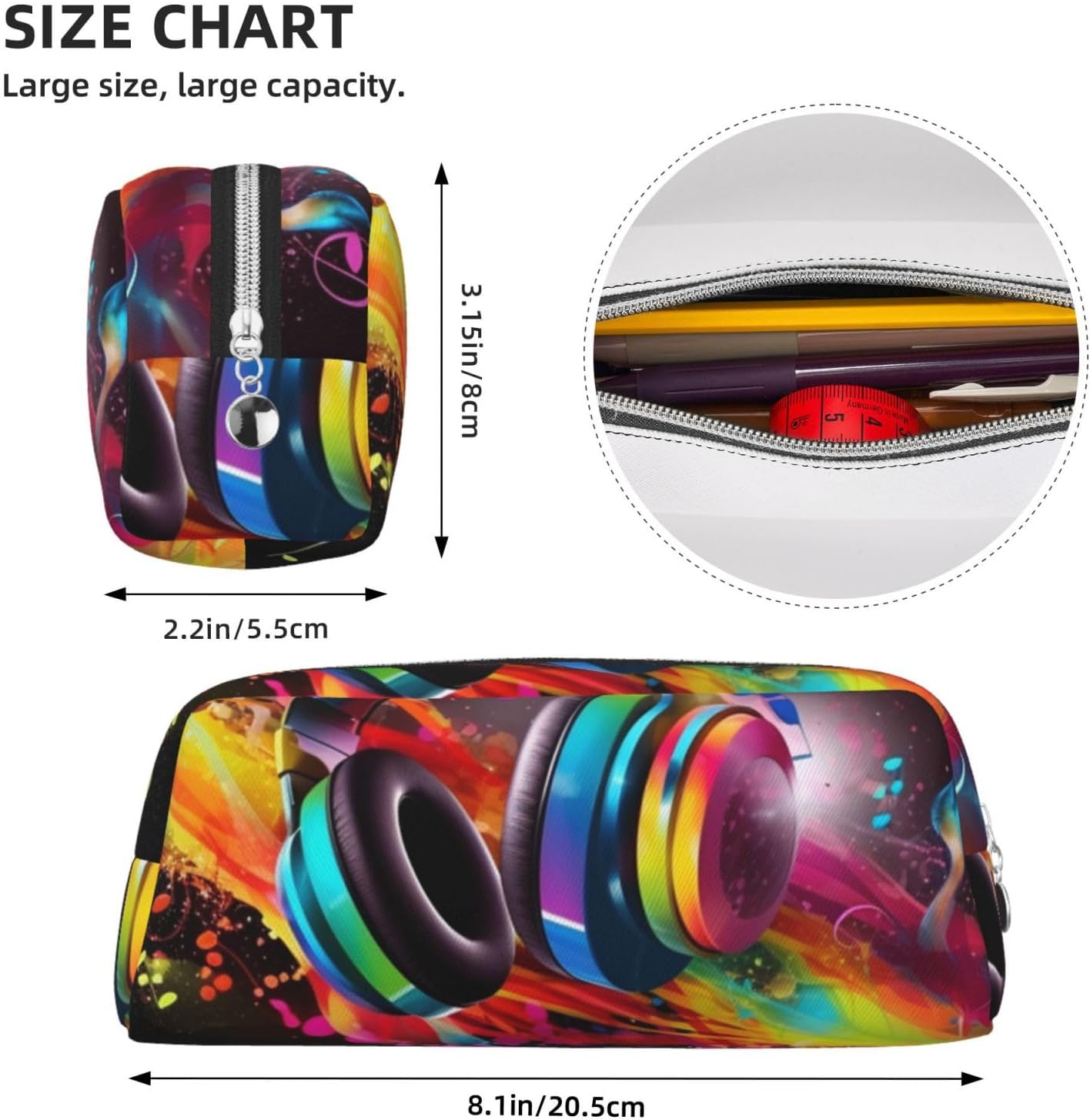 Colorful Music Pencil Case Large Capacity Pencil Pouch Aesthetic Pen Bag Leather Makeup Bag for Women Men Travel Toiletry Bags Zipper Cosmetic Bag Wide-open Coin Pouch Purse image 4