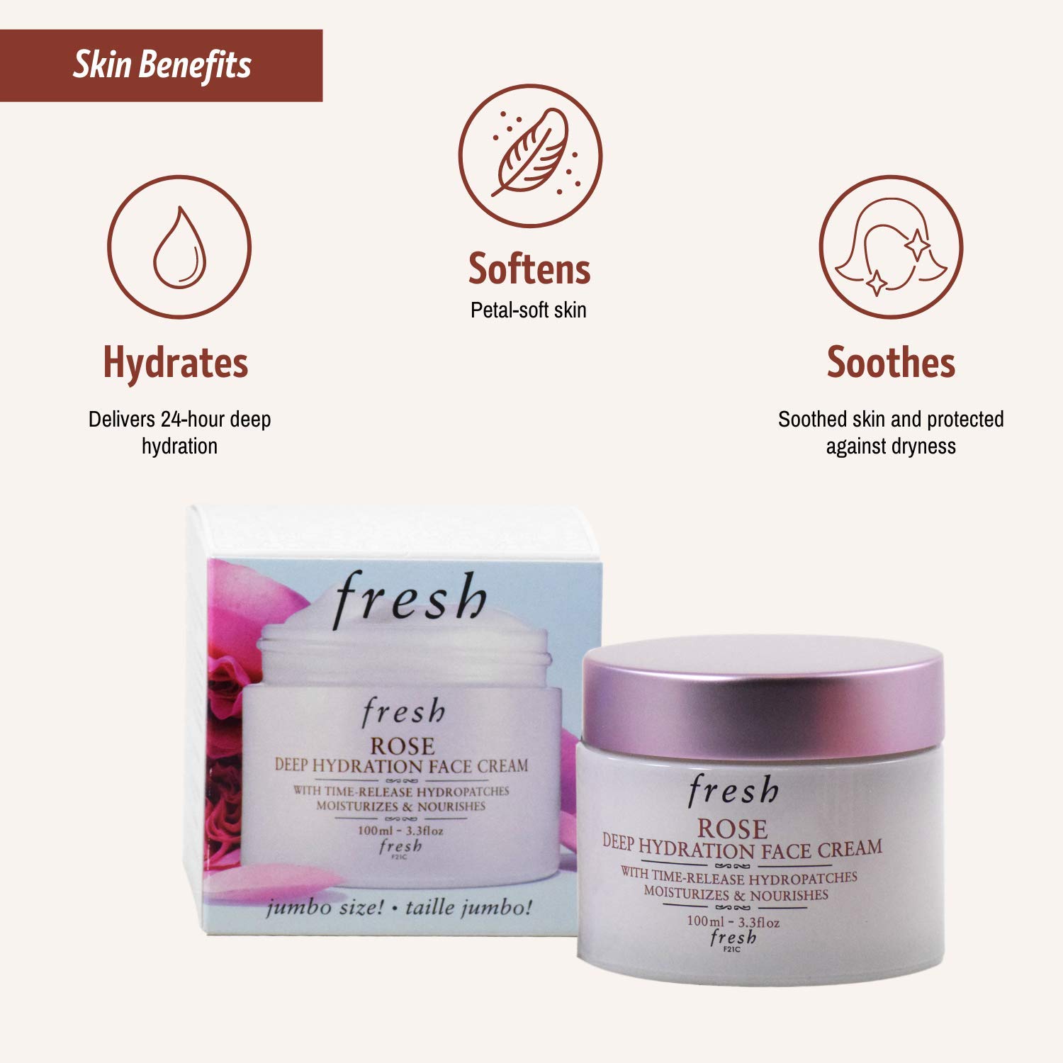 Fresh Rose Deep Hydration Face Cream Moisturizer 3.3 oz Jumbo Size