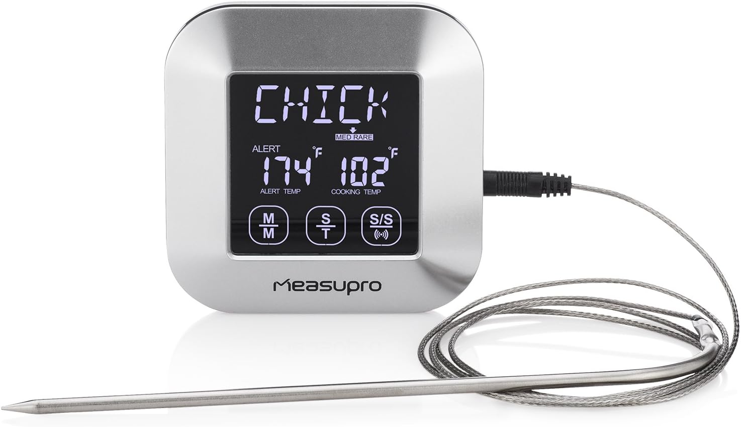 Digital Food Thermometer w/Instant Read, Long Probe, Meat Thermometer, Fast LCD Screen, Best for Meat, Grilling, Cooking, and Baking, Timer and Touchscreen, Stainless Steel