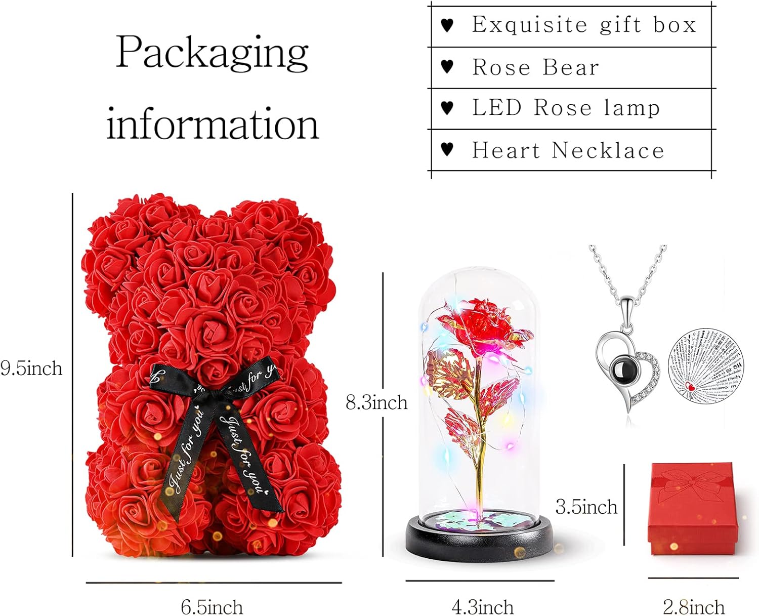 Birthday Rose Gifts for Women- Artificial Flower Rose Gift for Girlfriend Mom,Rose Bear LED Rose lamp Gifts Ideas- Best Gift Boxes for Valentine's Day,Mother's Day (Rose Bear+LED Rose lamp+Necklace)