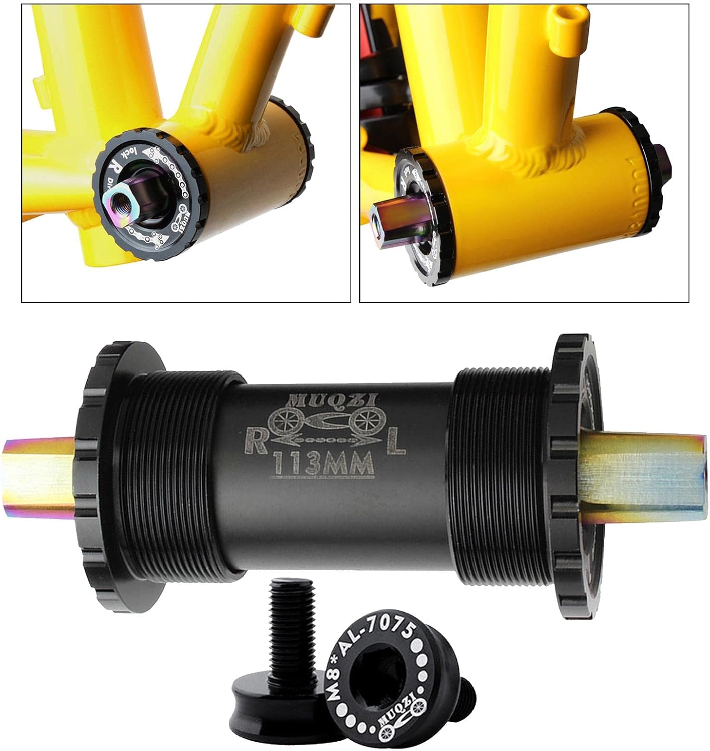 High Strength Titanium Alloy Bike Bottom Bracket Set with Square Hole Screws - Super Moist & Corrosion , Easy Installation - for Road, Mountain, Folding Bikes - Square Tapered - 113mm Black