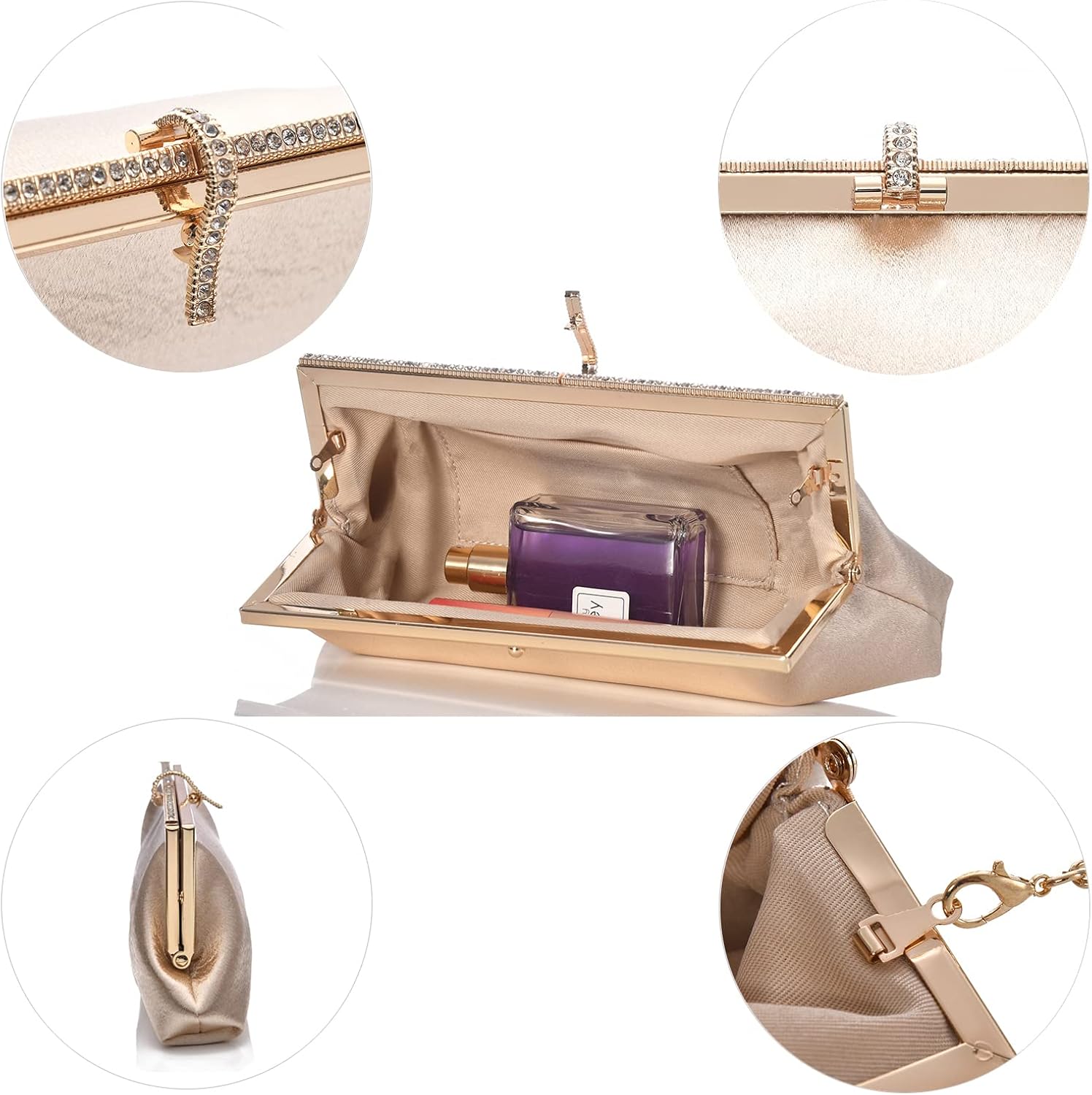 Miniatura 4 de Bolsa de embrague clásica de satén de lujo con elegante bolso cruzado con diamantes de imitación para boda novia graduación graduación