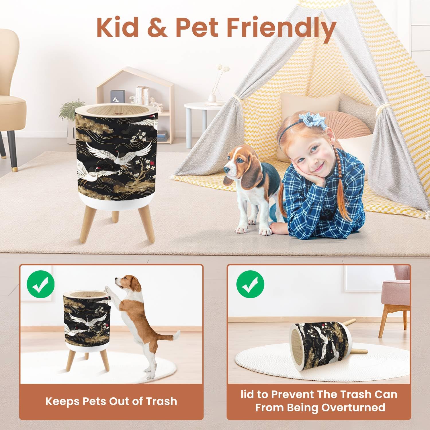 Small Trash Can with Lid Japanese seamless pattern crane birds elements Asian oriental 1.8 Gallon Dog Proof Trash Can Round Garbage Can Waste Bin Wastebasket for Bathroom Bedroom Living Room