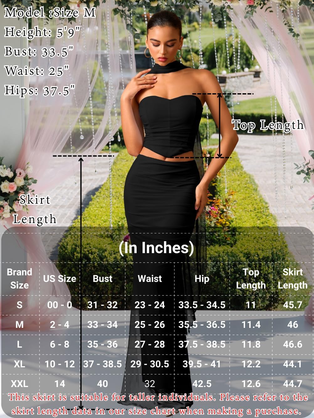 ChiaoLezhee Mesh Floor-Length Skirt-Set, Corset Tube-Top with Scarf, Semi-Formal Wedding-Guest, Strapless Bodycon Ruched Long