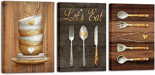 iHAPPYWALL 3 piezas de lienzo de arte de pared vintage para cocina, cuadros con texto en inglés "Let's Eat", póster para el hogar, comedor,
