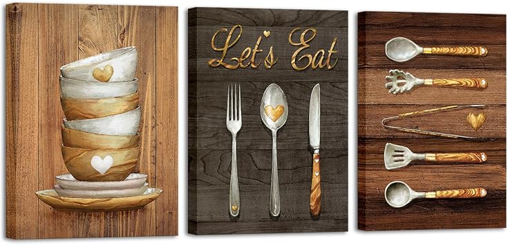 iHAPPYWALL 3 Pieces Eat Canvas Wall Art Vintage Kitchen Painting Pictures Lets Eat Sign Poster Artwork Prints for Home Dining Room Restaurant Cafe Bar Wall Decor Framed