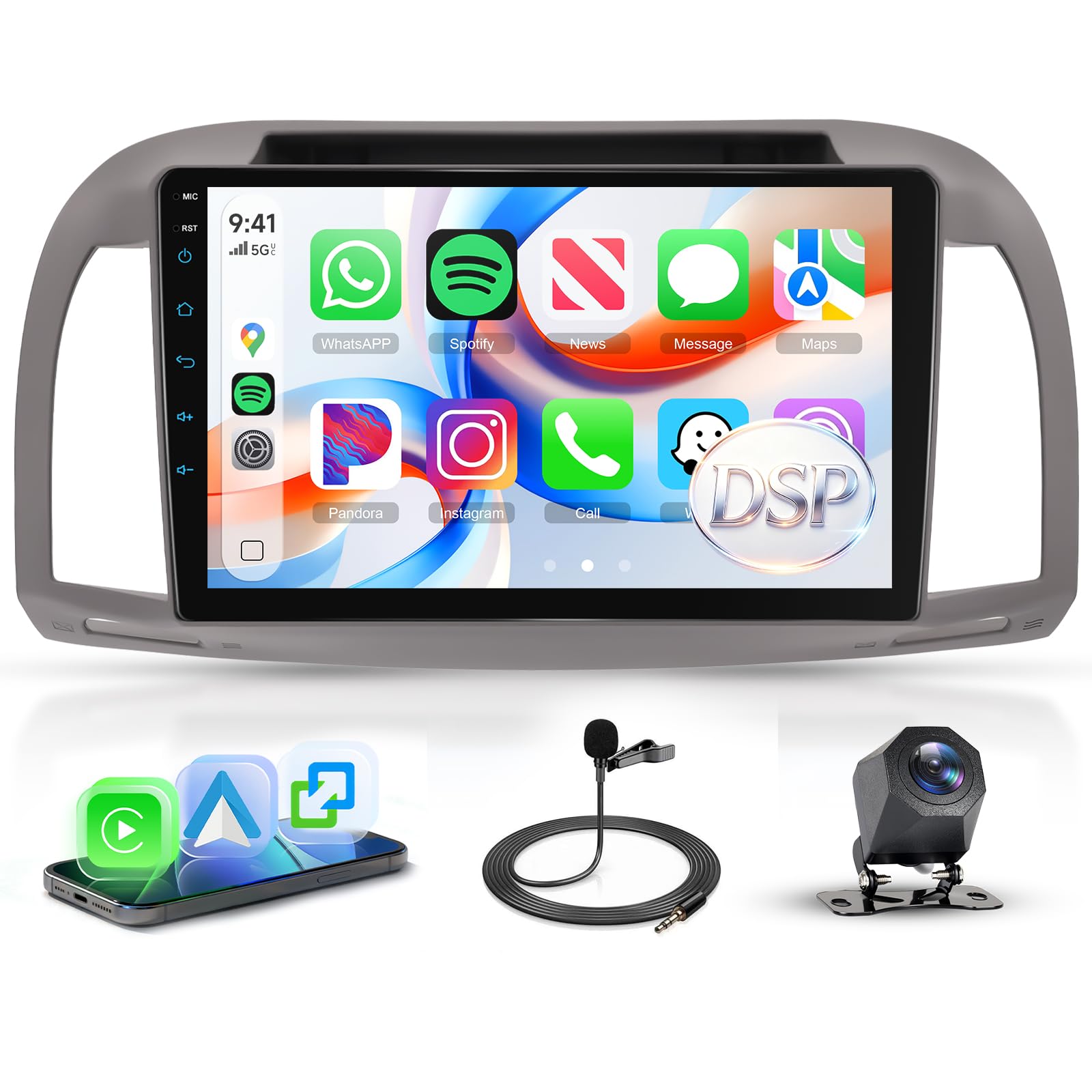 Rimoody Autoradio pour Nissan Micra K12 2002-2010 Carplay sans Fil, 9 Pouces Écran Tactile IPS, 2 Din Radio avec Android Auto, Mirror Link, Bluetooth, FM/RDS, DSP, Commandes au Volant Caméra de Recul