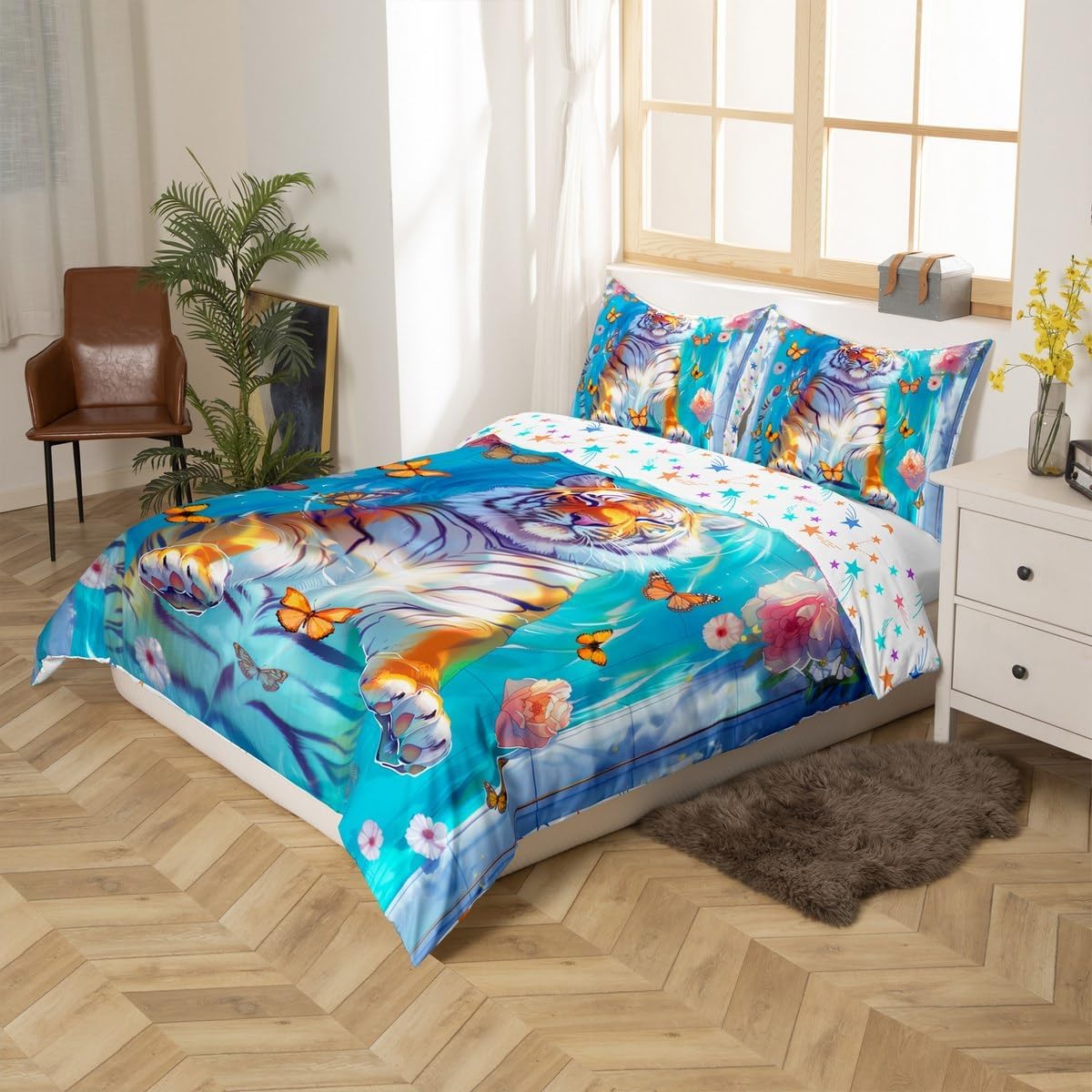 Kawaii Tiger Duvet Cover Sets(NO Comforter),Wild Animals Bathing in Bathtub Comforter Cover for Kids Adults Bedroom Decor,Dreamy Butterfly Flowers Bedding,Rustic Style Quilt Cover,Toddler Size