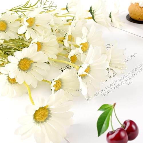 Miniatura 2 de 6 paquetes de margaritas artificiales de seda sintética de 21 pulgadas con tallos para decoración del jarrón del hogar y el jardín (blanco)