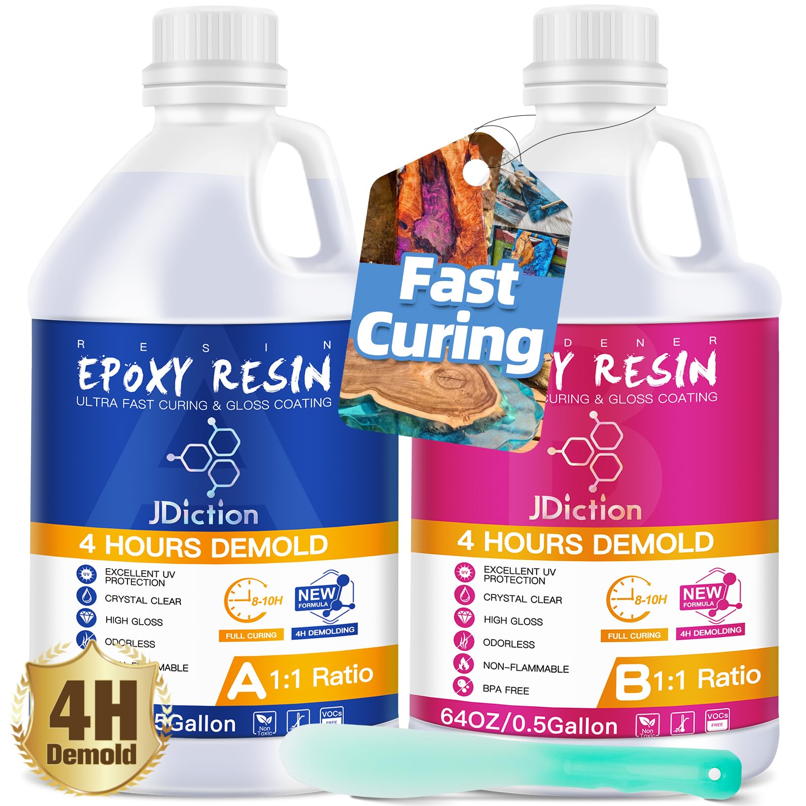 JDiction Fast Curing Epoxy Resin, 1gallon/3.8L 4H Demold Epoxy Resin Kit -Crystal Clear, Bubble-Free, Not-Yellowing, Self-Leveling for Art Resina, Jewelry, Craft, Fast Casting & Easy Mix Epoxy Resina