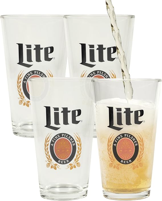 LORD'S ROCKS Miller Lite Beer Glasses 16oz Pint Glass - Set of 4 Authentically Licensed Compatible