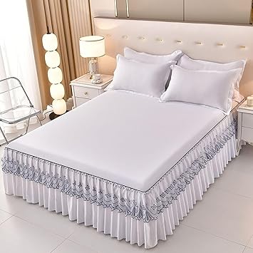 Fitted Bed Sheets Beige White, Polyester Fitted Bed Sheets Solid Color with Lace Fitted Sheet 79"x87"200x220cm