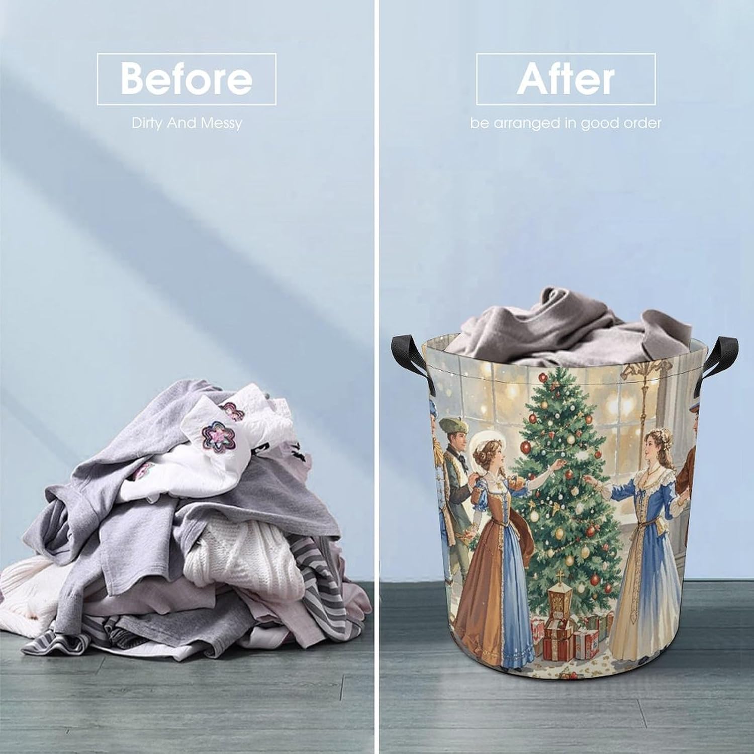 13.8 × 13.8 × 17.3 Inches Collapsible Laundry Baskets Retro Christmas Decoration Printed Waterproof Laundry Hamper Foldable Dirty Clothes Storage Bin for Bathroom Bedroom Office image 5