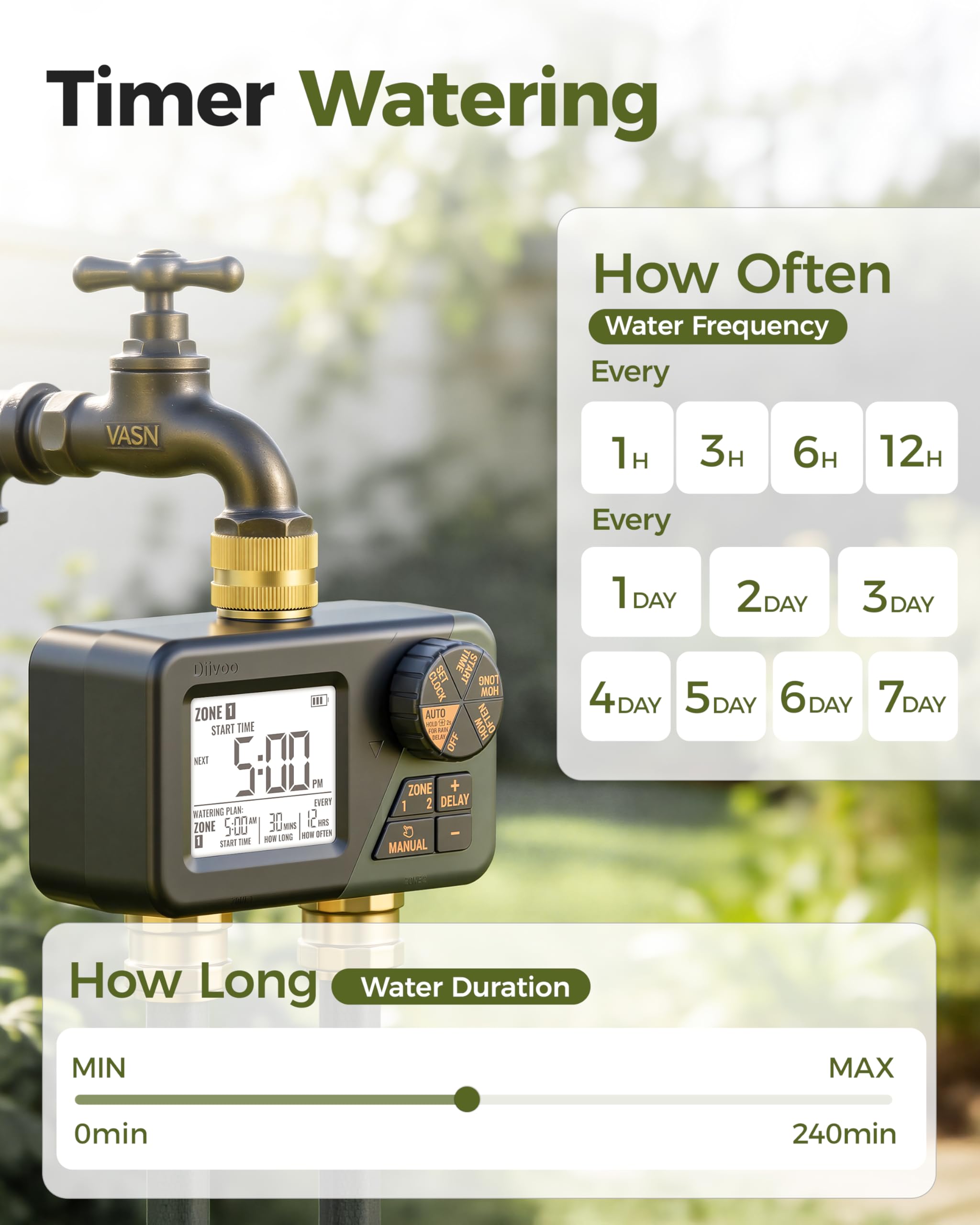 Diivoo Brass Sprinkler Timer 2 Zone, IP66 Waterproof Programmable Water Hose Timer 2 Outlet with Large Display, Rain Delay & Manual Watering for Outdoor Automatic Irrigation of Garden, Lawn, Yard - 2