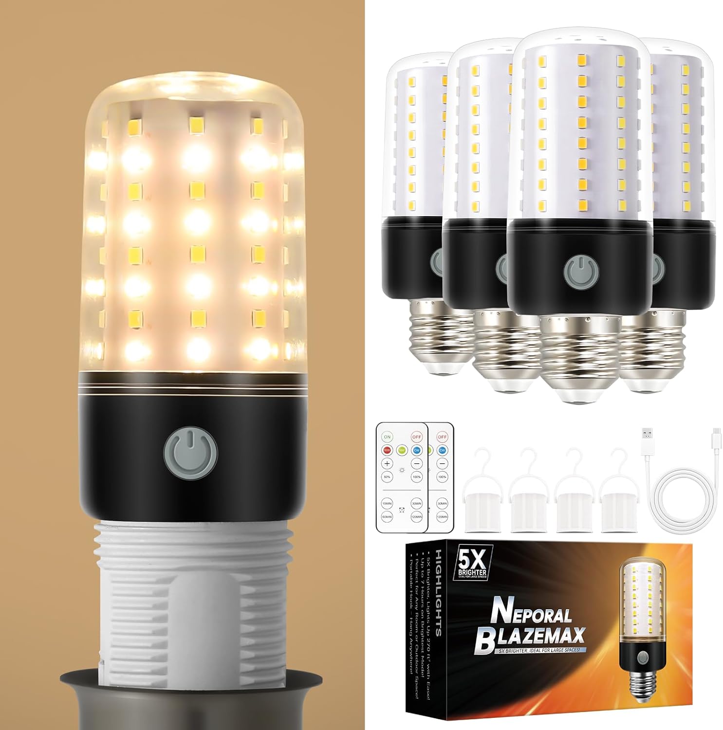 Neporal BlazeMax Battery Operated Light Bulb Bright, Rechargeable Light Bulbs with Remote and Time for Lamp and Sconce, Socket USB Rechargeable, Wide Dimming Range Battery Powered Light Bulb Home Neporal BlazeMax Battery Operated Light Bulb Bright, Rechargeable Light Bulbs with Remote and Time for Lamp and Sconce, Socket USB Rechargeable, Wide Dimming Range Battery Powered Light Bulb Home