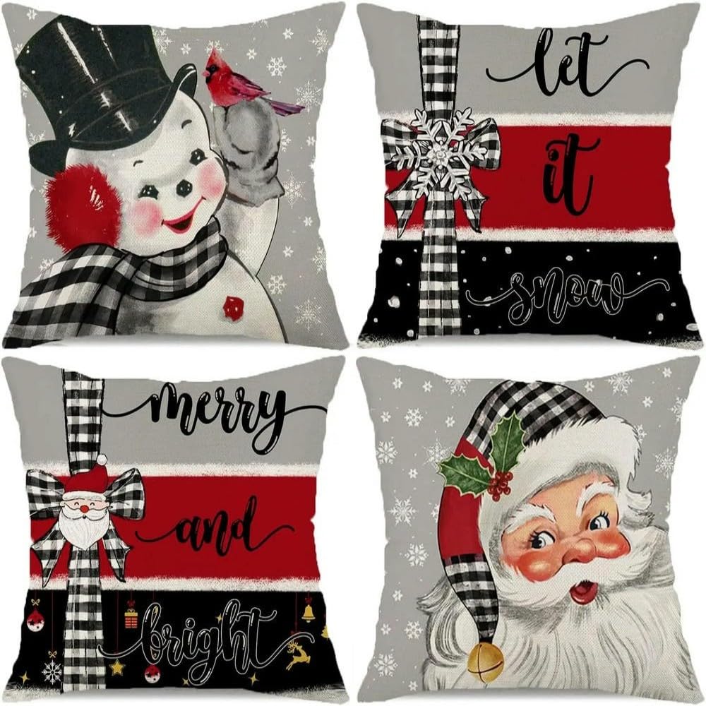 ZBDP - 4 federe per cuscini natalizi, Babbo Natale, pupazzo di neve, fiocchi di neve, fattoria, bufalo, plaid albero di Natale, decorazione per le vacanze