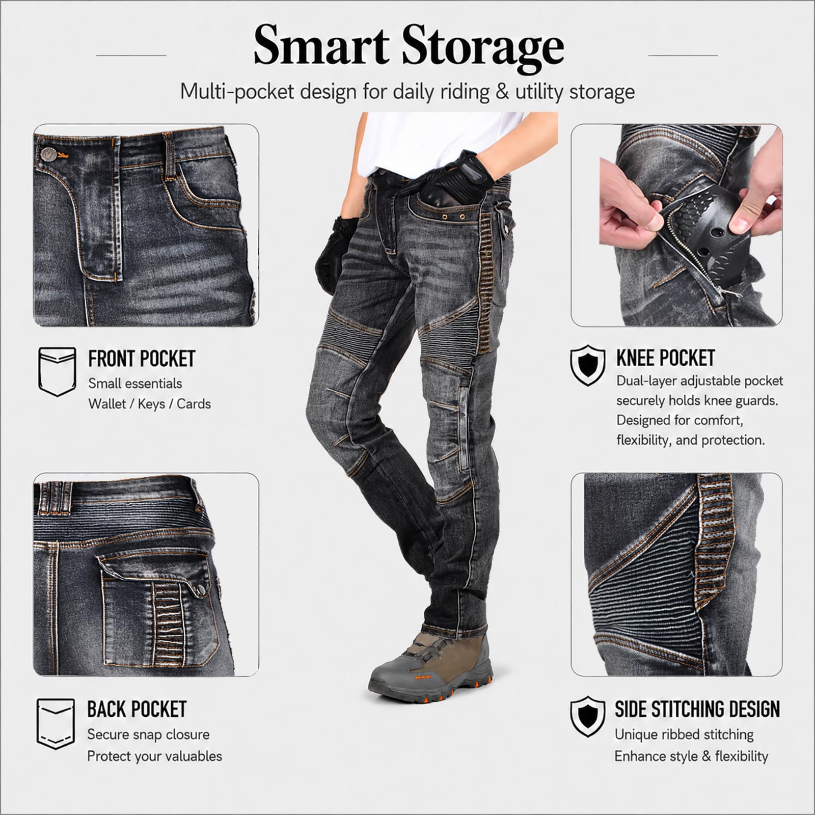 Motorradhose Herren Jeans Stretch, Motorrad Jeans Herren Slim Fit, Cargo Multi-Taschen, Verstärkte Kniezone, Ergonomischer Schnitt, Urban Alltag 4 Jahreszeiten