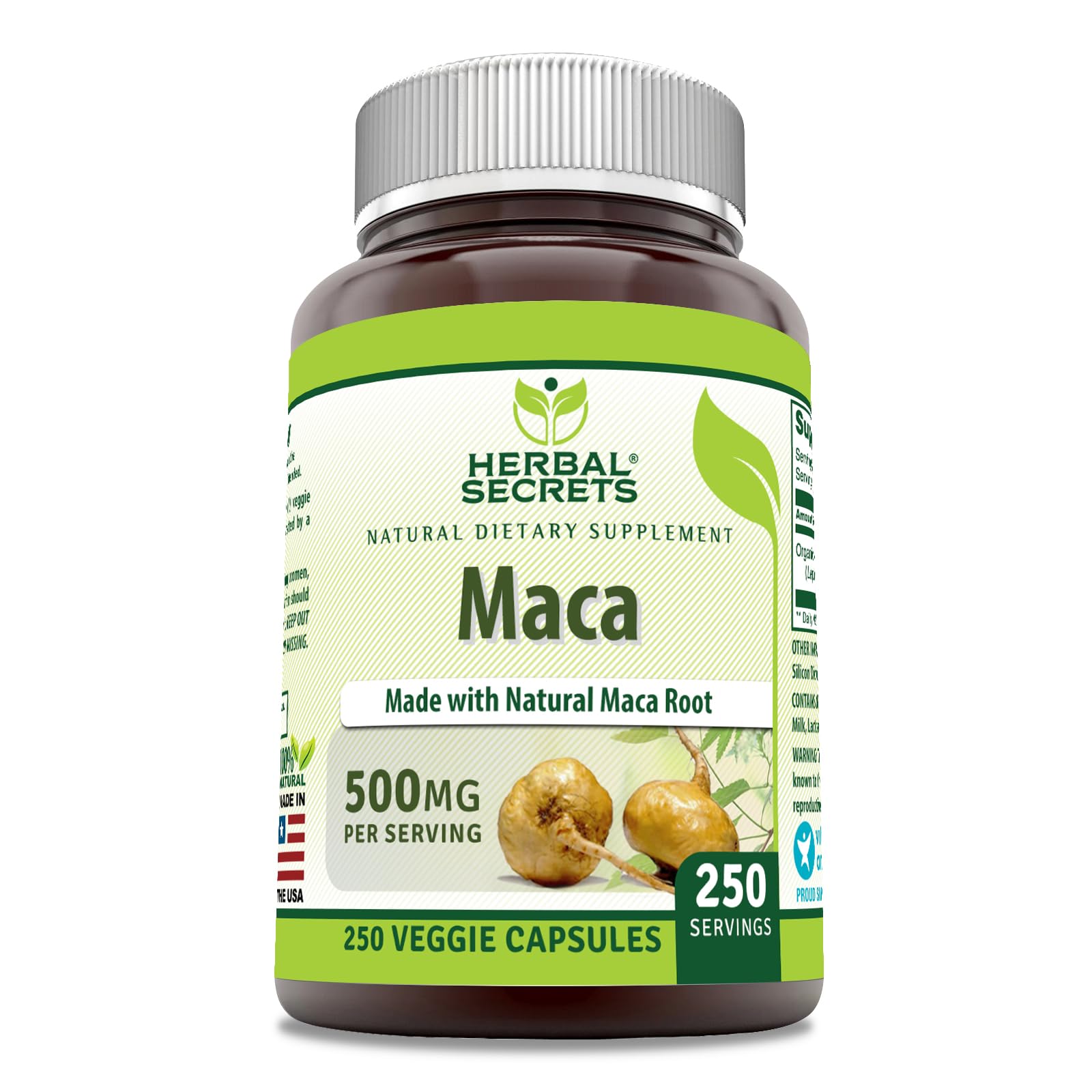 Maca 500mg 250 Veggie Capsules | Non-GMO | Gluten Free | Made in USA | Suitable for Vegetarians