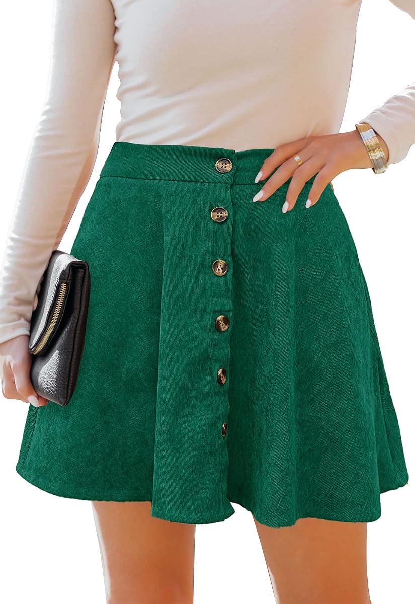 HERBATOMIA Mujer Botón Delantero Mini Falda A-Line Pleated Corduroy Skater Faldas Para Mujer Con Bolsillo